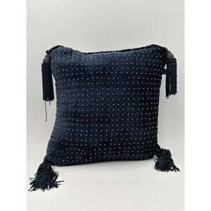 BORGATA Velvet Throw Pillow Blue with Gold Beads and Tassles **READ**